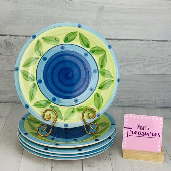 Alco Industries Green Leaves Blue Swirl Center Dot Stoneware Dinner Plate Set  5 - Picture 1 of 10